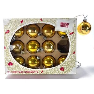 Shiny Brite Glass Christmas Ornaments Gold 12 Qty Box 2.25" GUC